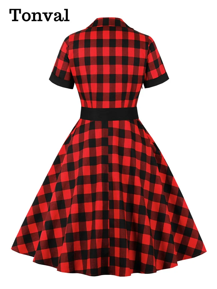 Tonval Women Cotton Rockabilly Vintage Belt Dress Turn-Down Collar Short Sleeve A-Line Summer Dresses Solid and Plaid
