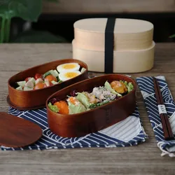 Wooden Japanese Style Lunch Bento Box Double-Layer Dinnerware Workers Students Picnic Salad Portable Round Container Tableware