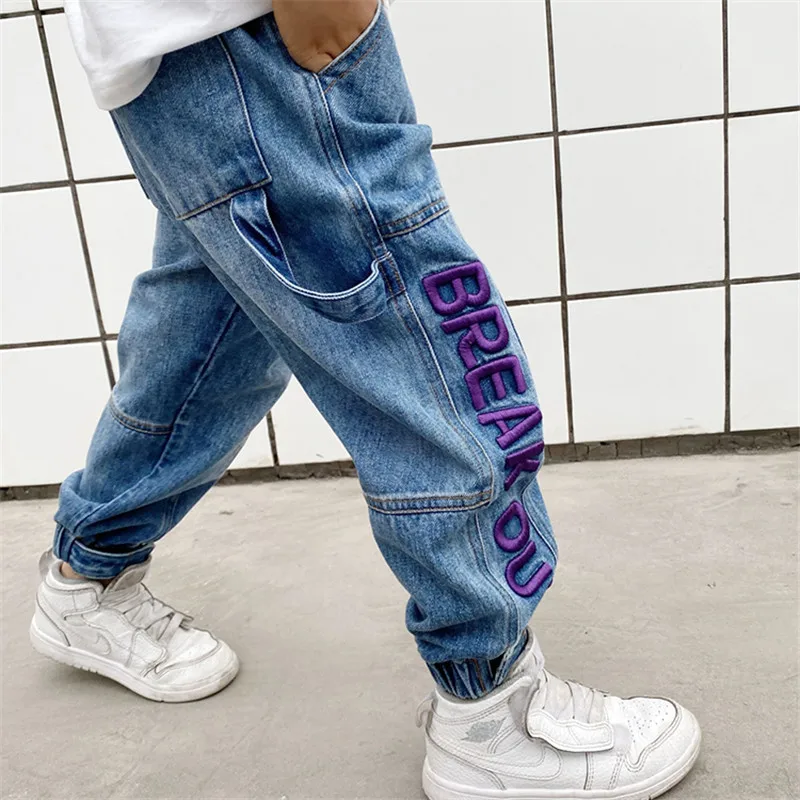 Cowboy Kids Boys Jeans Blue Letter Embroidery Warm Denim pants 4 5 6 7 8 9 10 11 12 Years Children\'s Clothing Hip hop Boys jeans