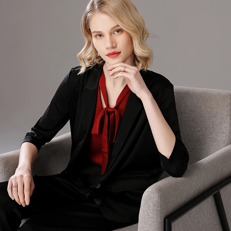 SuyaDream Seide Blazer Silk Satin Frau 3/4 Ärmeln Einzigen Taste Feste Büro Chic Blazer 2021 Herbst Winter Elegante Blazer Set