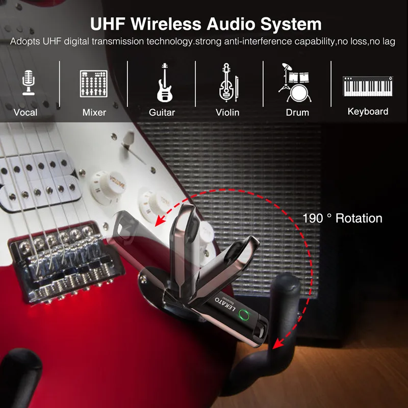 Lekato Ws-70 Wireless Guitar Transmitter for Electric Guitar Wireless System Transmitter Receiver Rechargeable 70 Channels