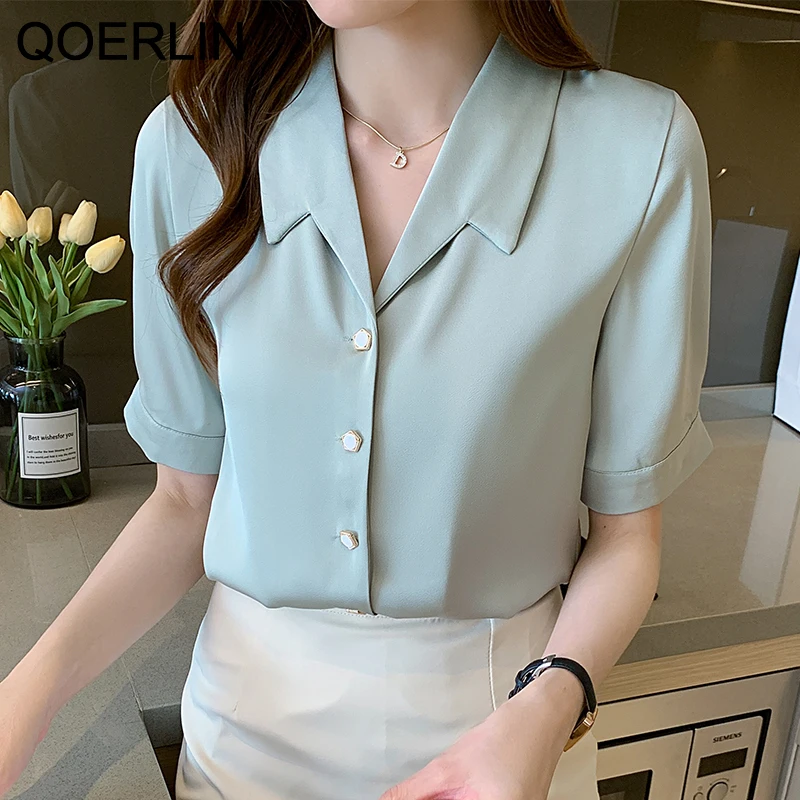 QOERLIN-Camisa cetim de manga curta para mulheres, blusa branca com botão, tops doces, elegante e formal, senhora do escritório, OL, chique e