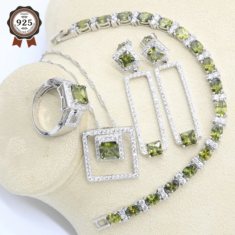 Olive Peridot Zircon Silver 925 Jewelry Set for Women Bridal Bracelet Long Earring Necklace Pendant Ring Birthday Gift