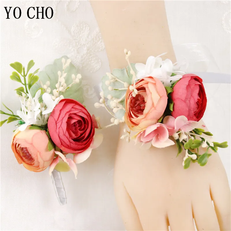 YO CHO Künstliche Blumen Bräutigam Bouton Mann Brautjungfern Mädchen Handgelenk Corsage Armband Hochzeit Blumen Boutonnieres Party Decor