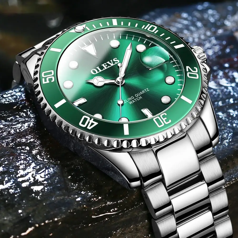 Olevs relógios masculinos marca de luxo moda à prova dwaterproof água luminosa mão verde dial quartzo esportes relógio pulso presentes para homem