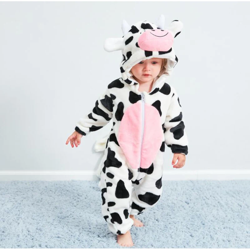 Hot Kawaii Baby Cow Autumn Animal Pajamas Long Sleeve Cute Anime Rompers Hooded For Boys Girls  Warm Cotton Jumpsuit Clothes