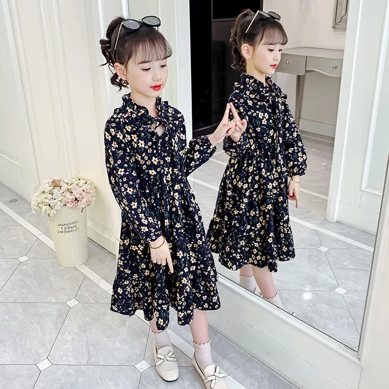 Baby Girls Dresses For Kids Clothes Spring & Autumn Cotton Floral Print Teens Dress Long Sleeve Cute Children Outfits Vestidos