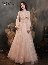 Pink Evening Party Dresses With Long Sleeves Modest High Neck A-line Floor-length Appliques Tulle Women's Formal Gowns