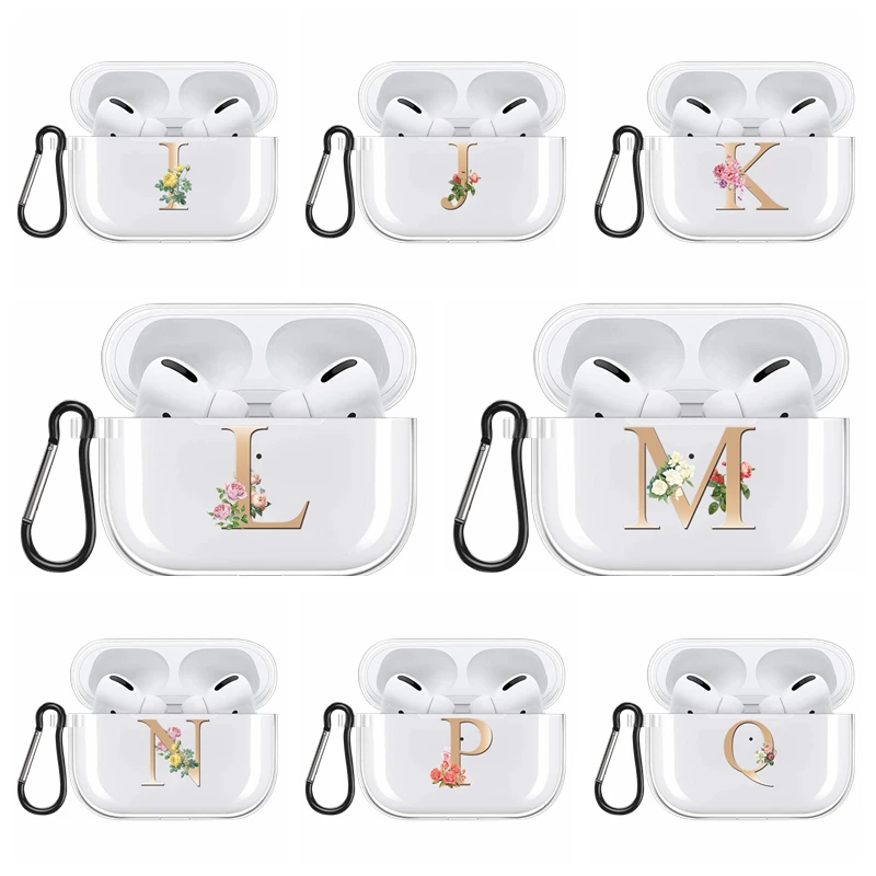 Initial Letter A Z Clear Flower Case For Apple Airpods Pro Shockproof Protection Air Pods Pro Earphone Box Soft Silicone Cover