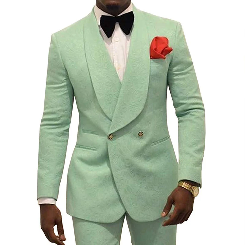 

JELTONEWIN Mint Green Floral Men's Double Breasted Suit Man Dress Wedding Suits Groom Tuxedos Terno Prom Party Best Man Blazer