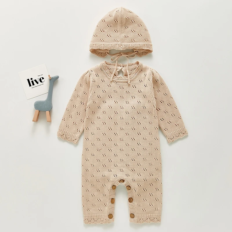 Newborn Baby Rompers Hats Clothes Sets Autumn Winter Solid Knitted Infants Kids Boy Girl Sweaters Jumpsuits Outfits 2pc Knitwear