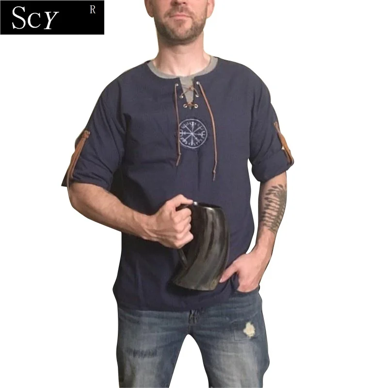 Men Plus Size Shirt Top Ancient Viking Embroidery Lace Up V Neck Long Sleeve Shirt Top For Men\'s Clothing