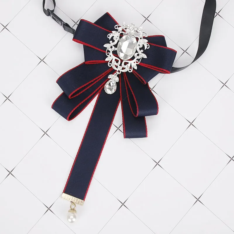 Gorgeous Bow Tie Vintage Luxury Lady Head Diamond Pearl Ribbon Tassel Brooch Chic Girls Elegant Costume Jewelry Collar Pin