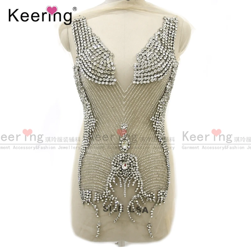 

Silver Beaded Rhinestone Body Panel for Wedding Dress, Hand-made Shining, WDP-065