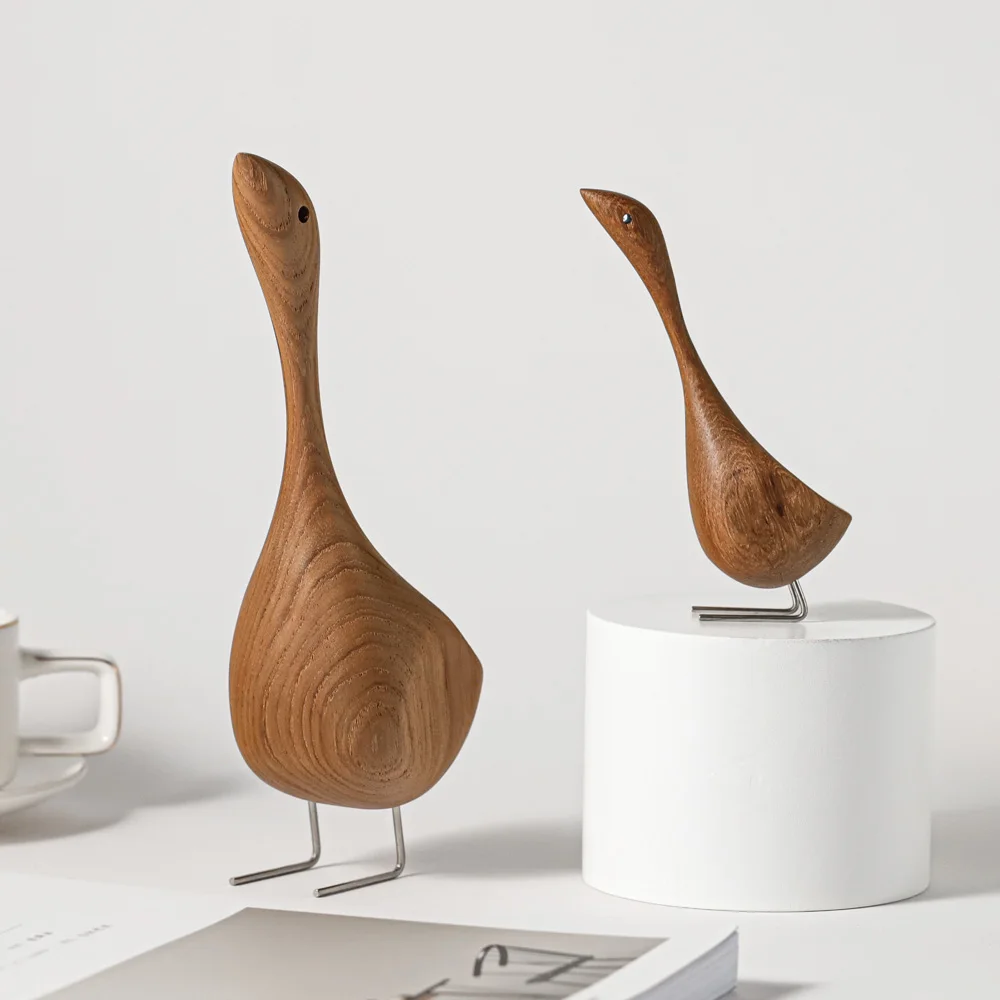 Nordic Wooden Goose Figurines Abstract Teak Wood Sculpture Lovely Couple Figure Nature Teak Animal Ornaments for Home Decoration