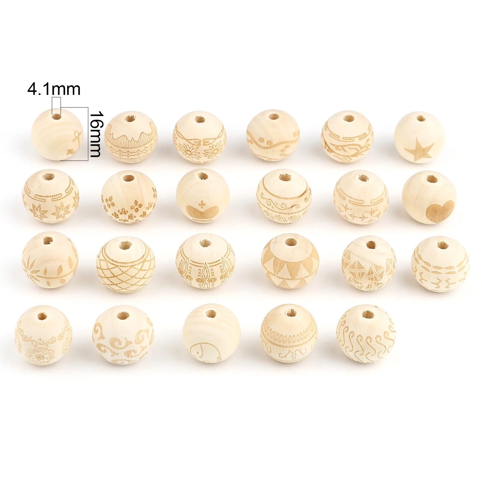 20 PCs Geometric Heart Flower Wood Spacer Beads For Jewelry Making Round Natural Carved Pattern 16mm Dia., Hole: Approx 4.1mm