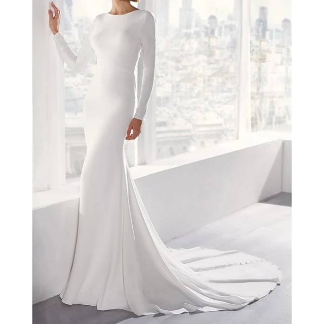 Mermaid Open Back Wedding Dress 2024 Jewel Court Train Soft Satin Long Sleeve Country Simple Bridal Gown Vestidos De Novia