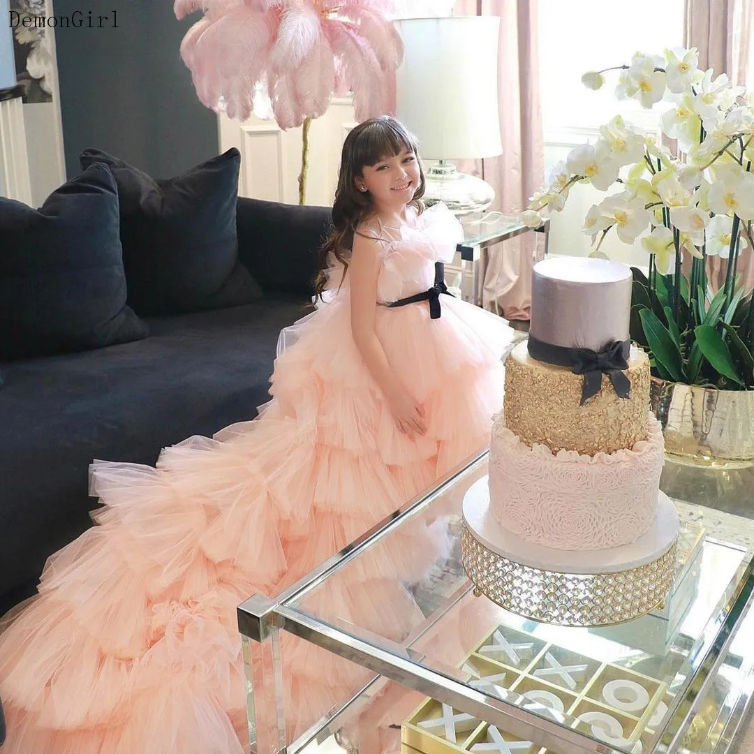 Gorgeous Puffy ดอกไม้สาวชุดสำหรับงานแต่งงานสูง-ต่ำ Tiered Tulle วันเกิดเด็กชุดเจ้าหญิงชุด