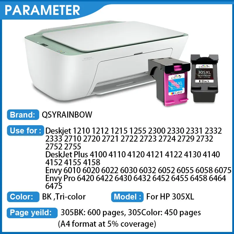 Замена картриджа QSYRAINBOW 305 для HP 305 HP305 DeskJet 1210 1212 2710 2720 4110 4120 4130 6020 6030 6420 6430