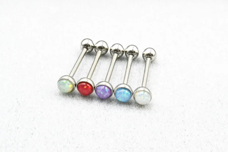 LOT50pcs  Surgical Steel New Resin Opal Tongue Ring Bar Nipple Barbells Body Piercing 14G NEW Arrived