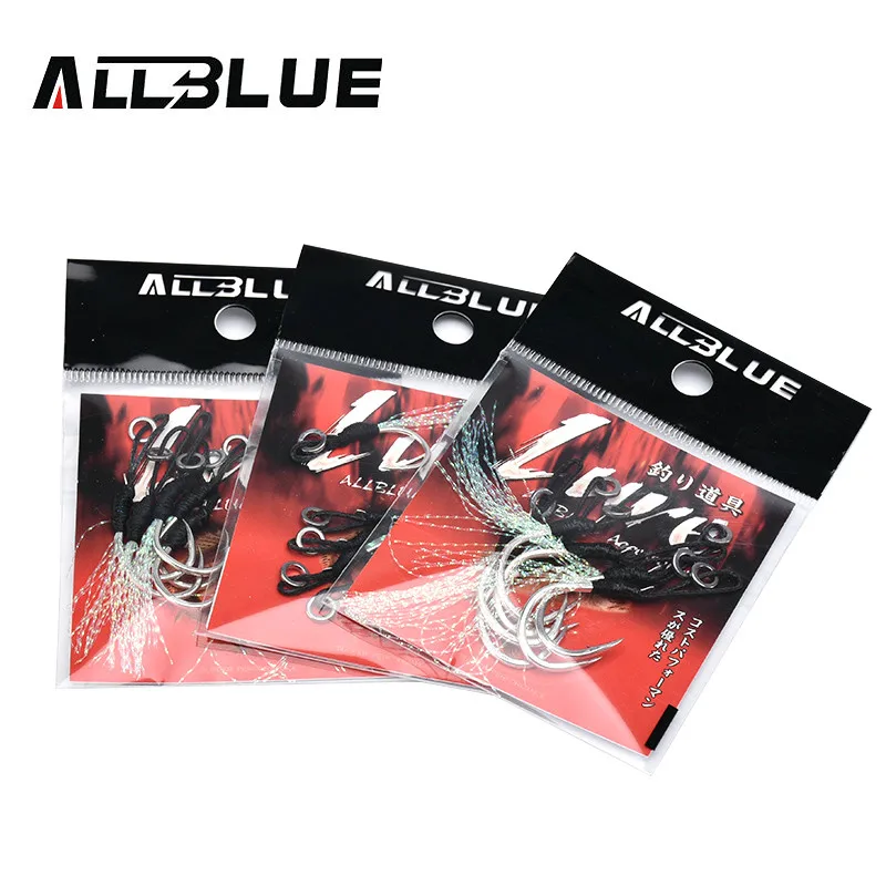 ALLBLUE 6pcs/lot Metal Jig Assist Hook With PE Line Feather Solid Ring Jigging Spoon Saltwater Fishhook for 10-60g Lure
