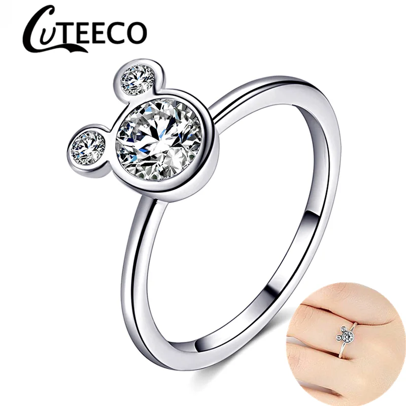 Cuteeco Women Cute Silver Plated Mickey Shaped Pan Rings For Women Wedding Fashion Jewelry Cartoon Mouse Pan Rings Brand Ring