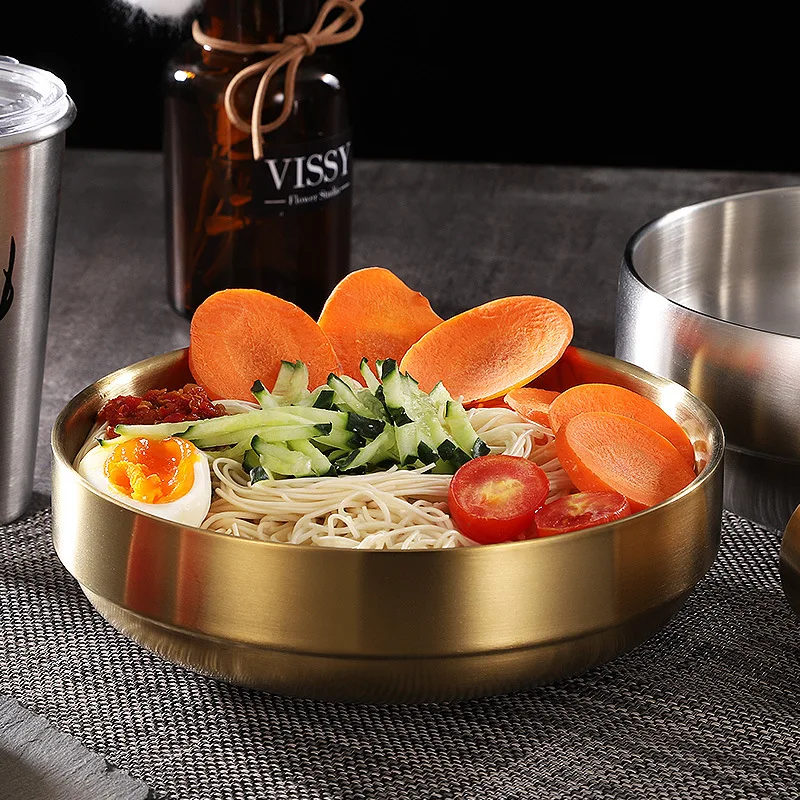 Stainless steel golden instant noodle bowl, Lamian Noodles bowl, double Korean noodle bowl, noodle bowl, oversized soup bowl.