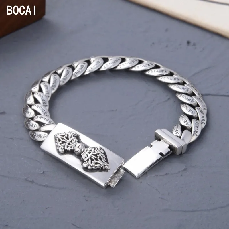 

BOCAI 2021 Trendy Fashion Personality Six-character Mantra Transfer Men's Bracelet s925 Silver Domineering Retro Vajra Jewelry