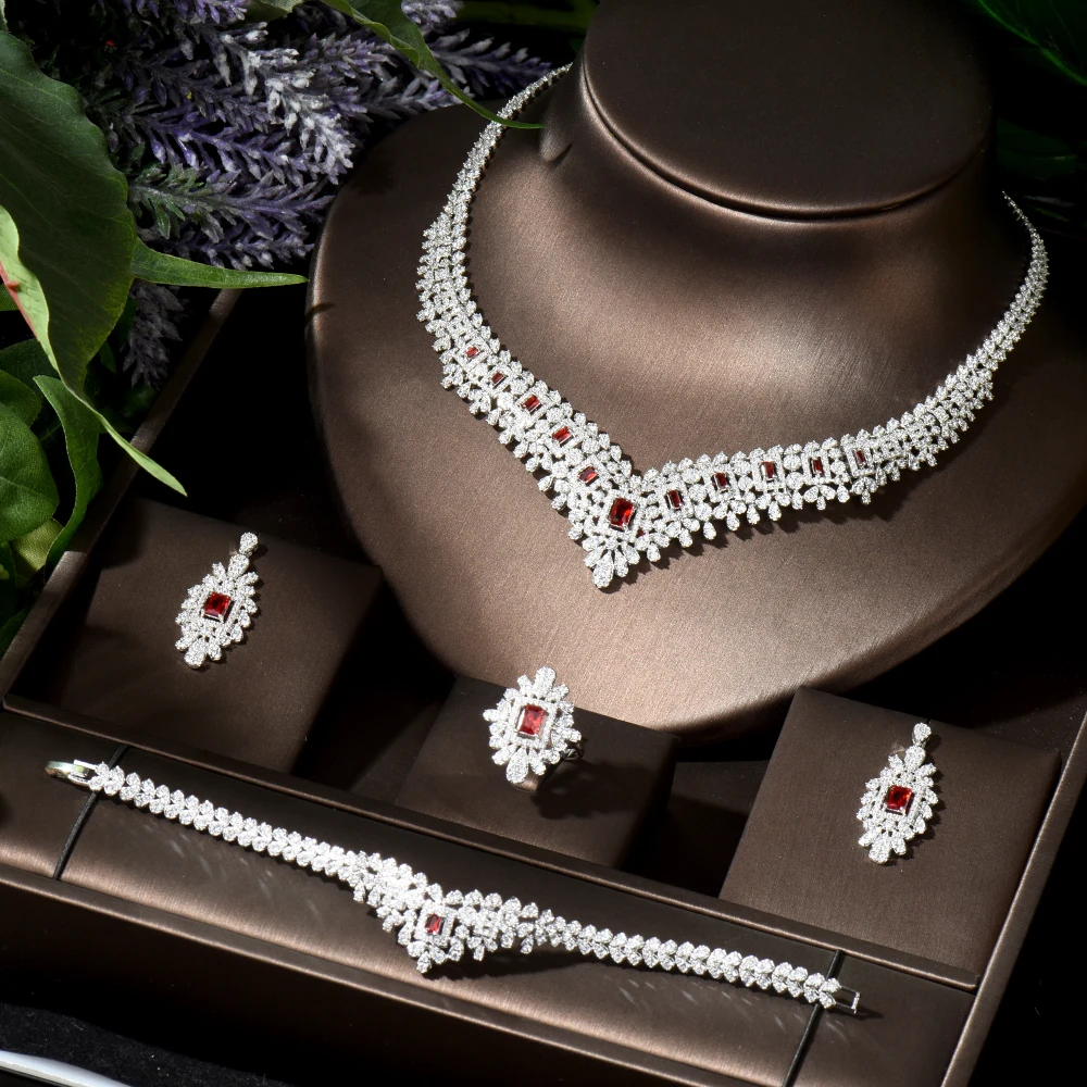 HIBRIDE New Red Micro CZ Pave Fashion Jewelry Sets for Women Bridal Necklace Earring Set  Accessories Jewelry Party Gifts N-932