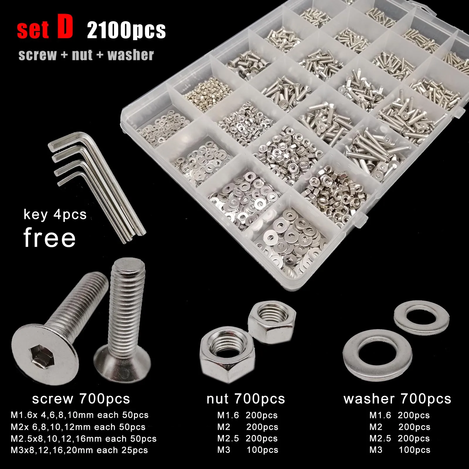 400/1140pcs M1.6 M2 M2.5 M3 M4 M5 304 Stainless Steel Hexagon Hex Socket Flat Countersunk Head Screw Bolt Nut Set Assortment Kit