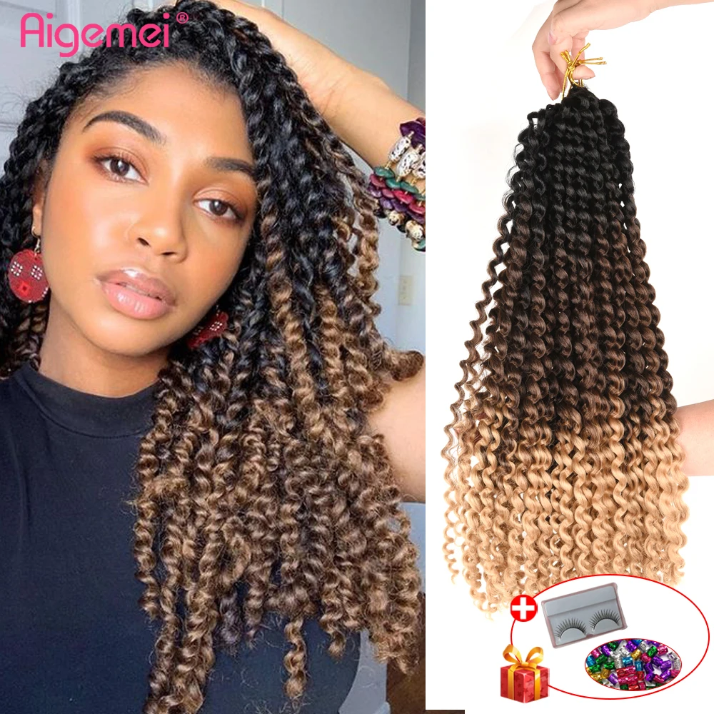 Aigemei Three Tone Passion Twist Hair Extension Kinky Curly 18Inch Ombre Synthetic Crochet Braid for Black Women 22strands/pack