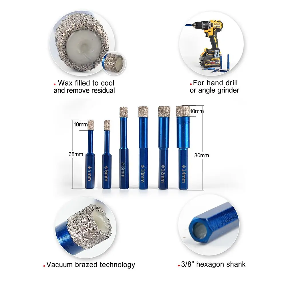 Raizi 1 Pc Diamond Drill Bit Ceramic Porcelain Tile Granite Marble Hexagon Shank 5/6/8/10/12/14 mm Hole Saw Cutter Power Tool