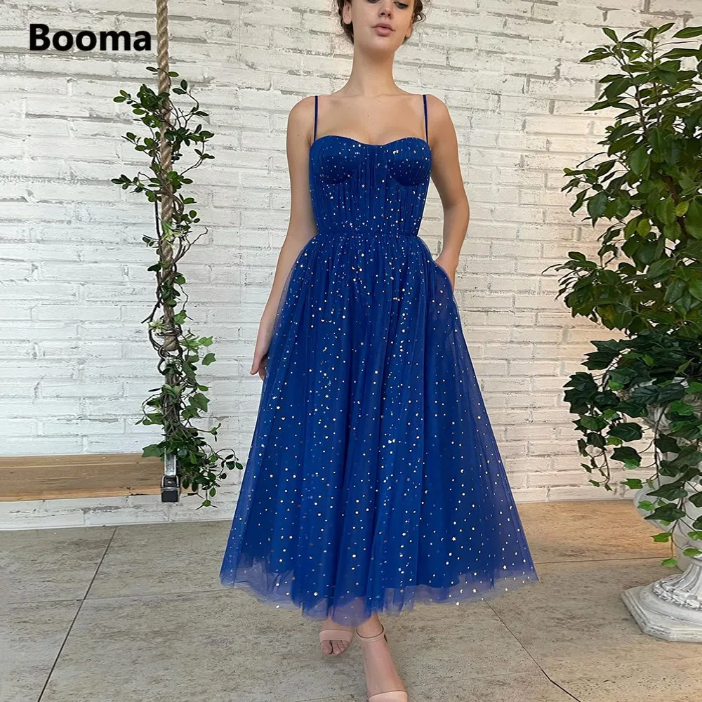 

Booma Glitter Royal Blue Starry Tulle Midi Prom Dresses Spaghetti Straps Tea-Length A-Line Formal Evening Dresses Party Gowns