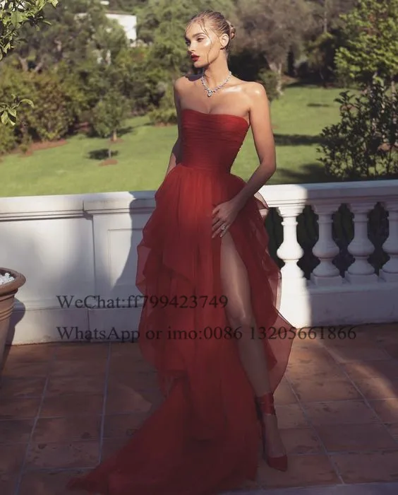 Sexy High Split Prom Dresses Red Long A-line Tulle Strapless Boat Neck Sweep Train Evening Dress Party Vestidos De Festa