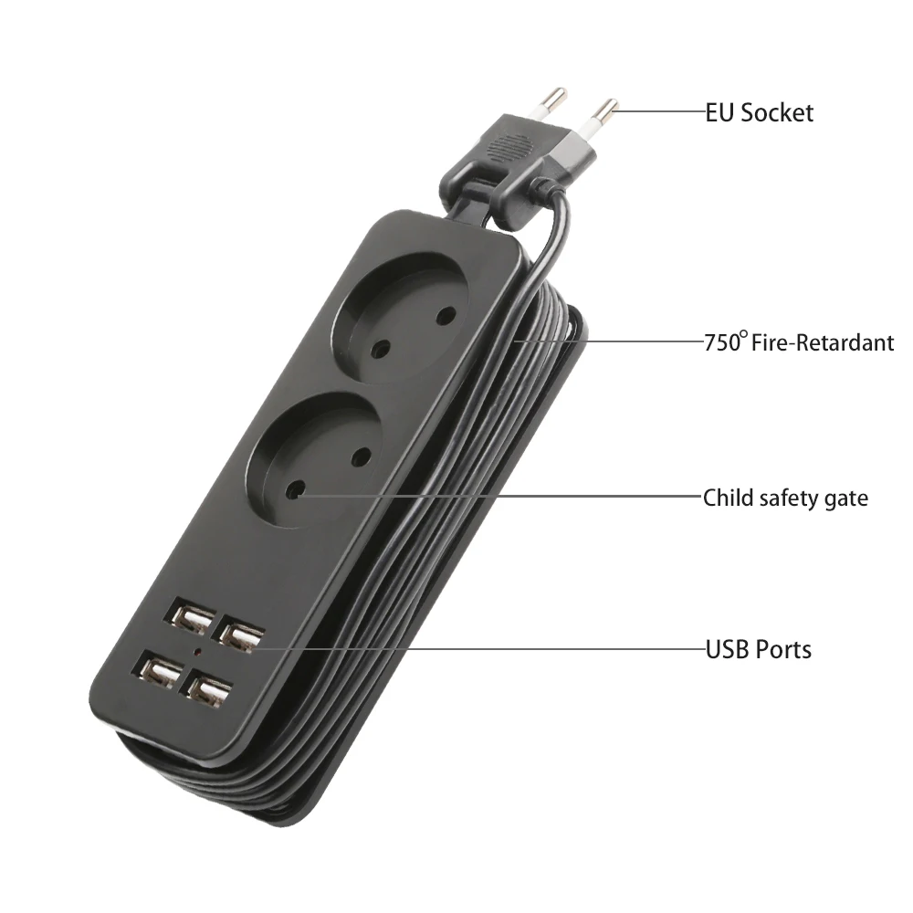 4.0mm/4.8mm EU /KC Plug Power Strip With 4 USB Portable Extension Socket Plug AC Power Travel Adapter USB Smart Phone Charger