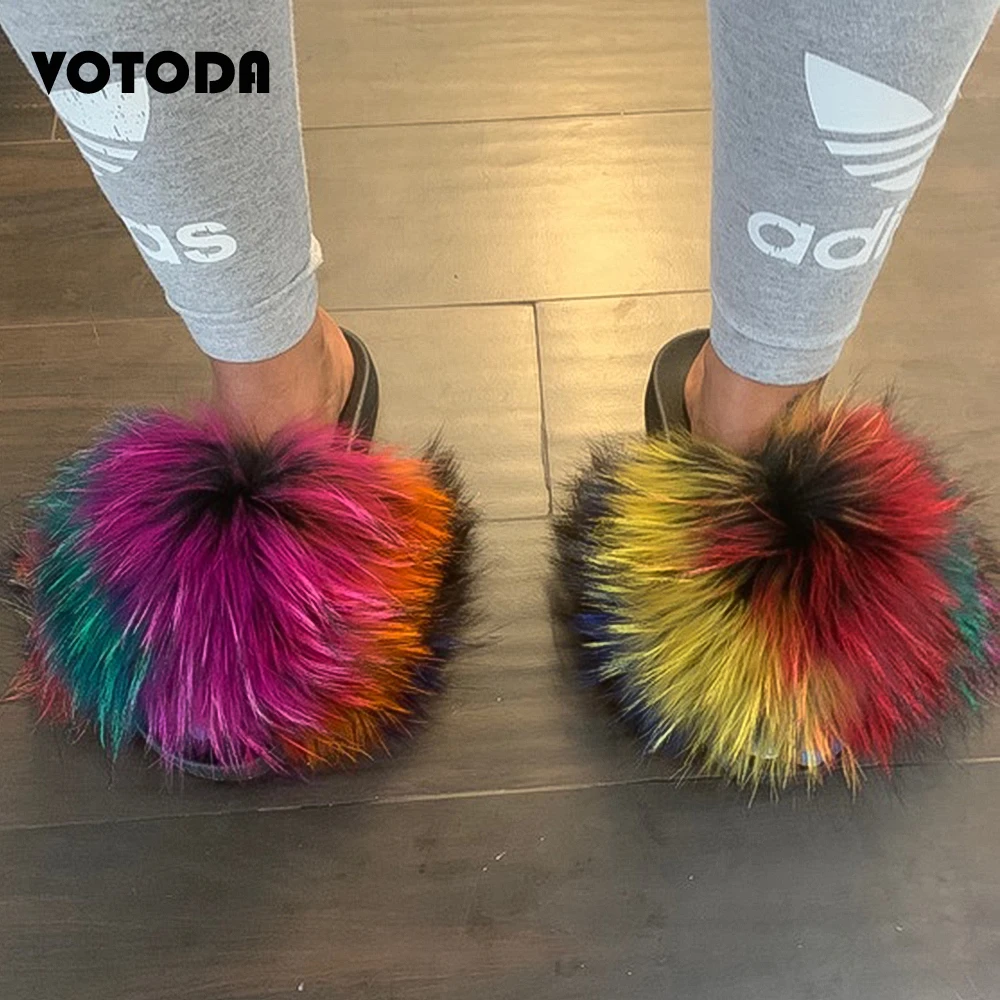 Summer Women Shoes Furry Raccon Fur Slippers Cute Fluffy Fox Fur Slides Girl Soft Home Flip Flop Breathable Non-slip Fur Sandals