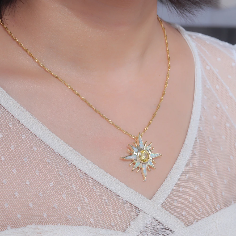 CiNily Starburst Fire Opal Stone Large Dangle Pendant Silver Plated Solar Orange Garnet Sun Charm Luxury Jewelry (With Necklace)