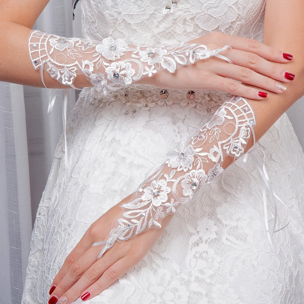 Fingerless Lace Luvas De Noiva Com Contas, Fantasia Cristal Cotovelo Comprimento, Sexy Noiva Festa De Casamento