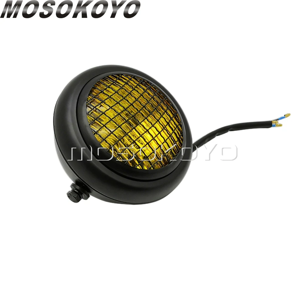 Retro Yellow Lens Headlight Sealed Beam Mesh Grill Guard High/Low Beam Headlamp for Harley Cafe Racer Scrambler Chopper