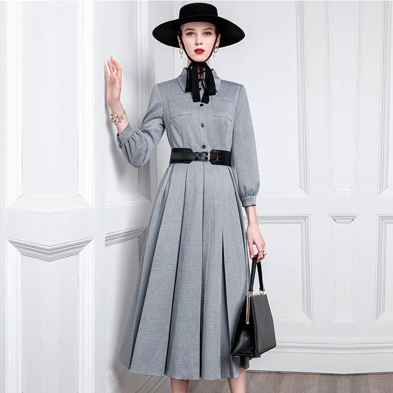 High End Celebrity Shirt Skirt 2021 Spring And Autumn New Style Temperament Retro Small Stand Collar Waist Dress