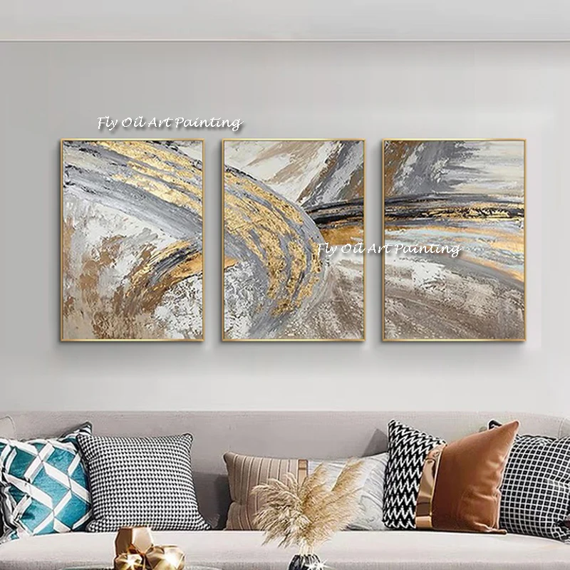 Large Size 100% Handmade oil painting Wall Art Decor Gold Foil 3 Pieces Yellow Lake Combination painting for home decoration