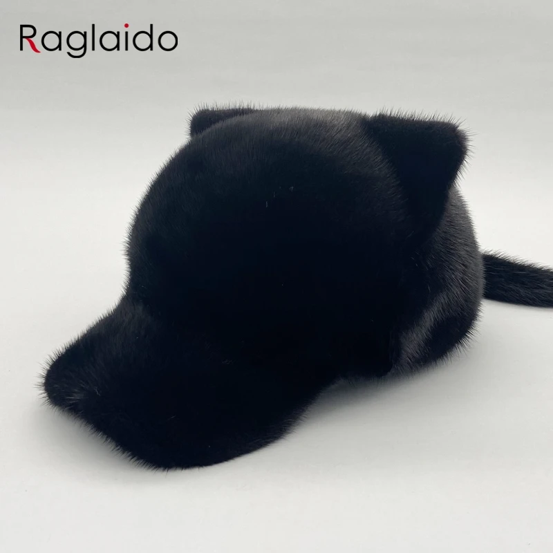 Mink Fur Hats for Women Winter Warm Solid Genuine Luxury Fur Cap High Quality Female Fur Hat with Tail Cute Girls Cat Hats