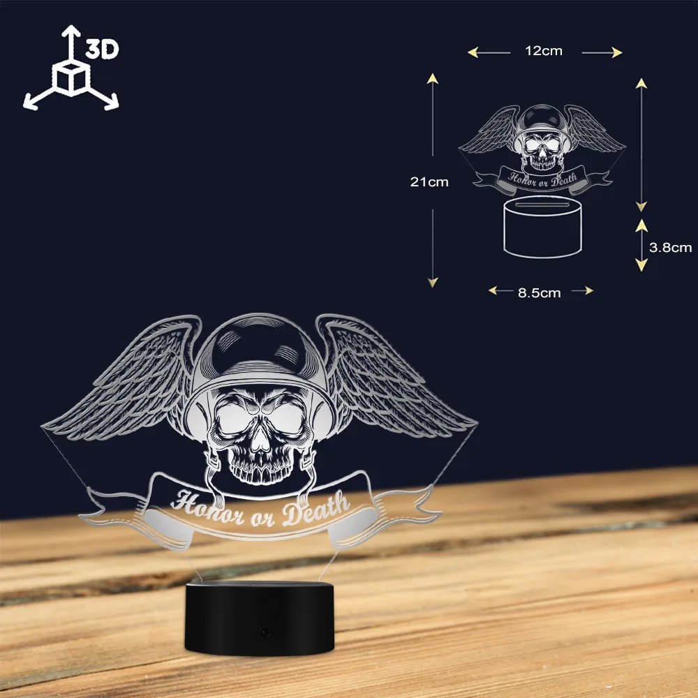 Honor Or Death 3D acrilico Illusion Night Light Dead Skull Wing Hat spirito militare lampada da scrivania illuminata a LED con cambio colore