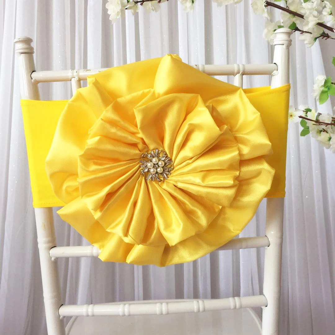 

Hot Sale 10PCS Taffeta Big Flower With Brooch Spandex Chair Band for Wedding Party