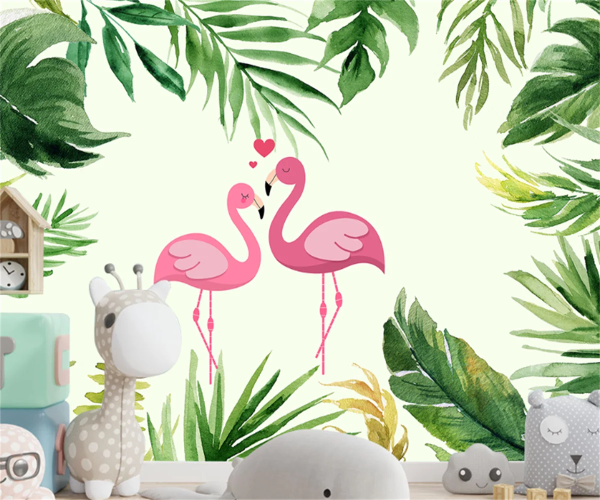 

Southeast Asia Cartoon Flamingo Green Plants Children's Room Background Wallpaper Children's Bedroom Home Decoration Mural papel