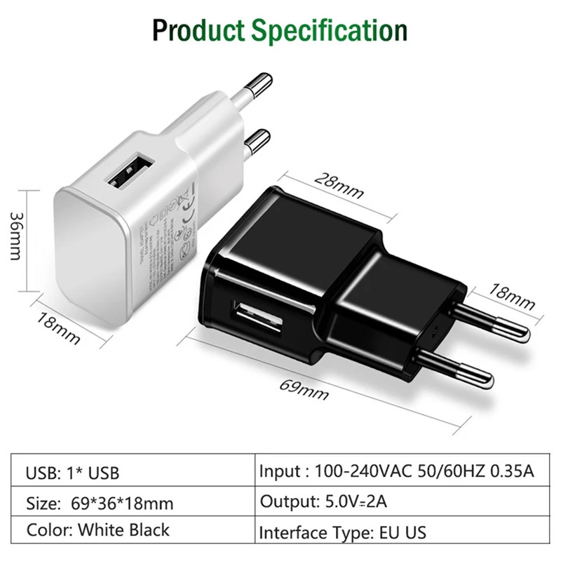 10Pcs 5V 2A caricatore USB da viaggio spina europea banca di alimentazione per Samsung A12 A32 A52 A72 5G S10 S9 S8 + S7 S6 S5 caricabatterie per