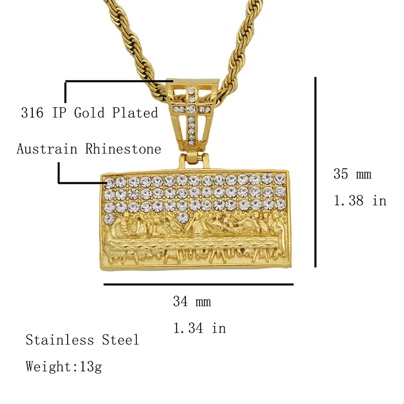 Hip Hop Bling Iced Out Stainless Steel The Last Supper Square Pendants Necklaces for Men Rapper Jewelry Gift  Gold Silver Color