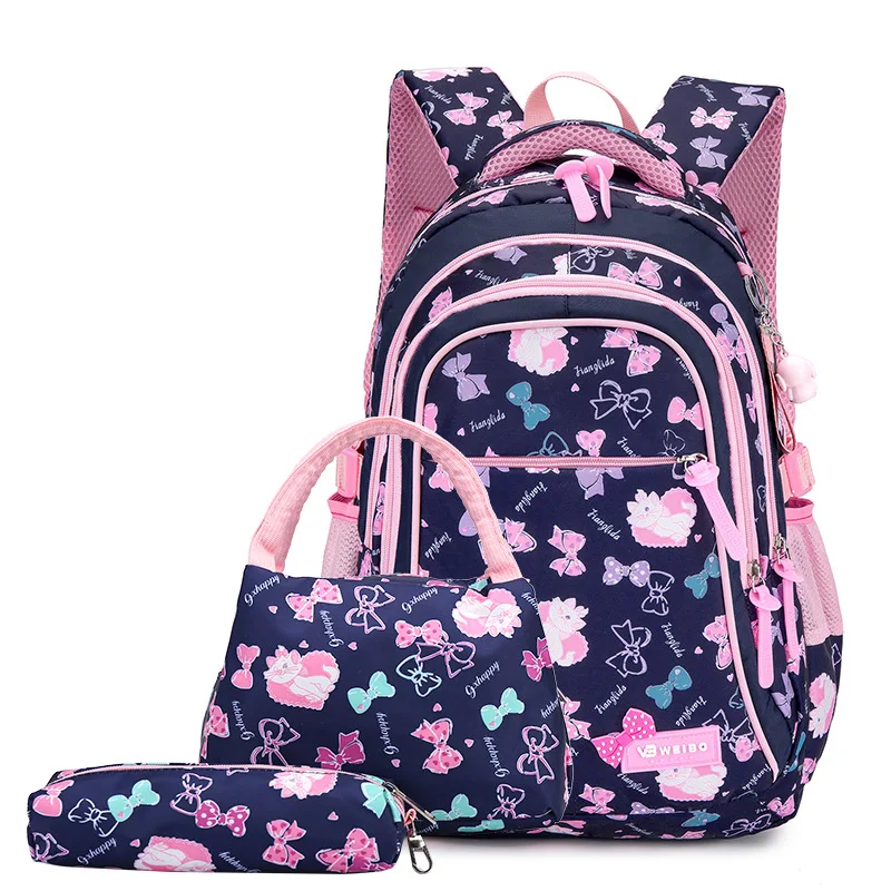 3pcs/set bow print school bags for teen girls Primary waterproof nylon schoolbags Kids Princess Backpack mochila escolar