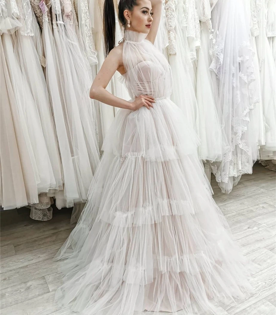 

Wedding Dress A-Line Halter Sleeveless Backless Pearls Sashes Pleat Tulle Floor Length Court Train Bride Gown Custom Made New