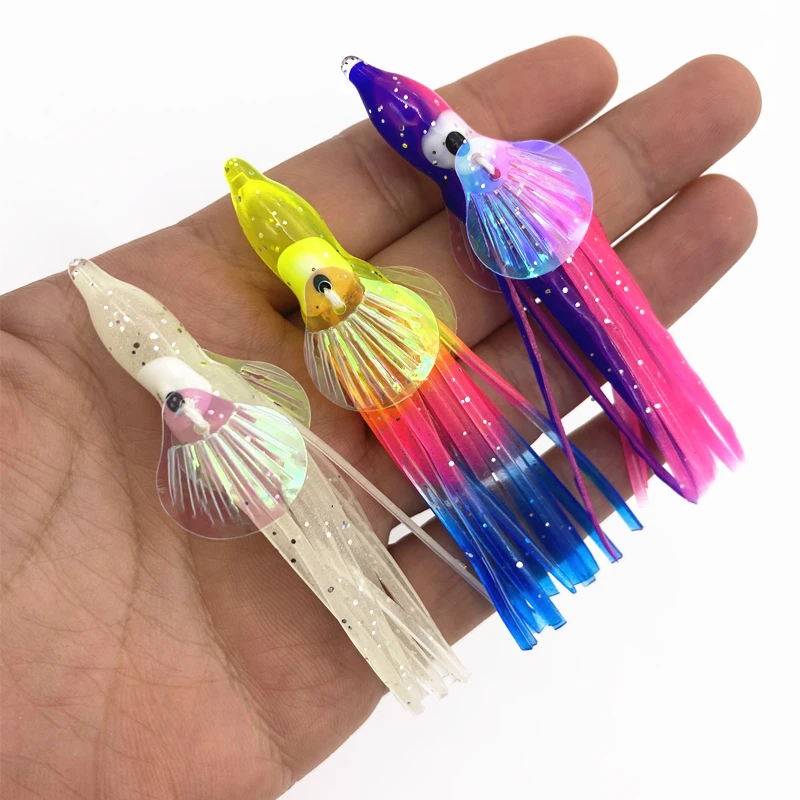 5pcs*7cm Octopus Lure with Gill Calamar Jigging Fishing Lure Sea Fishing Wobbler UV Glow Soft Lure Squid Skirt Fishing